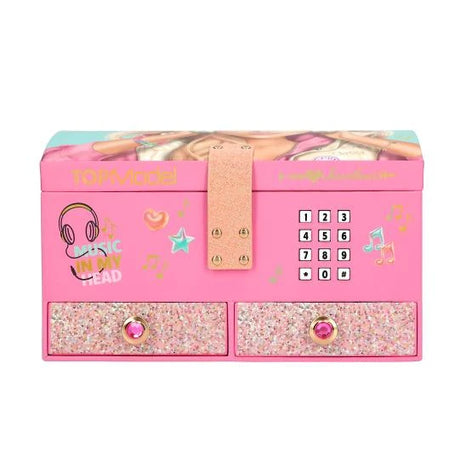 TOPModel Big Jewellery Box With Code And Sound MUSIC front view with code pad, strap and two glitter drawers