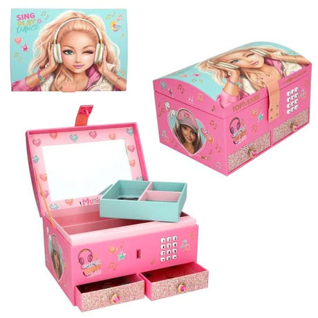 TOPModel Big Jewellery Box With Code And Sound MUSIC shown open with mirror, compartments and drawers beside lid artwork and closed box view