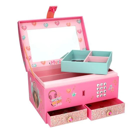 Open TOPModel Big Jewellery Box With Code And Sound MUSIC with mirror, removable compartments and two drawers