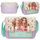 TOPModel SUNNY DOG shoulder bag shown from the front, back, side and with the top flap raised.