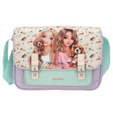 Front of the TOPModel SUNNY DOG shoulder bag with two illustrated girls holding dogs, a small dog print and a mint green front pocket.