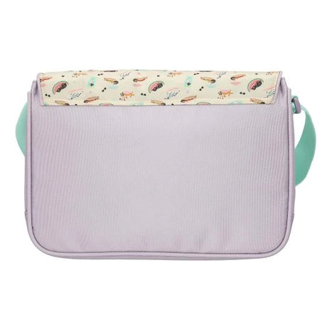 Back of the TOPModel SUNNY DOG shoulder bag with a plain lavender panel and patterned flap.