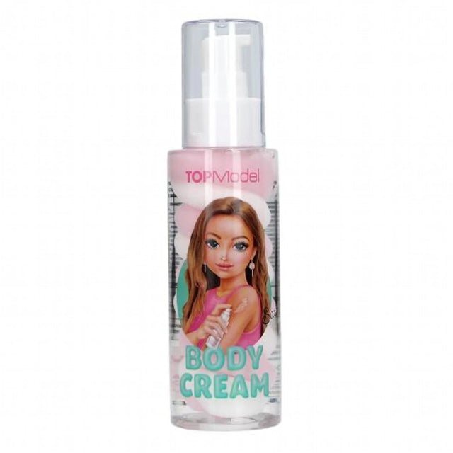 TOPModel Body Cream CANDY GLAM front view bottle with clear cap and printed character design