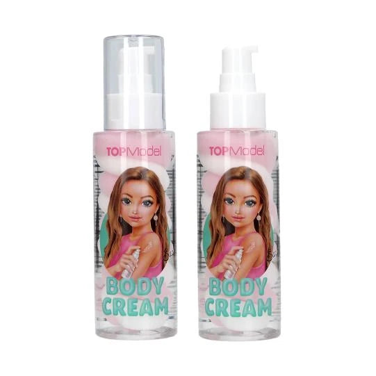 TOPModel Body Cream CANDY GLAM bottle shown closed with cap and open with pump dispenser