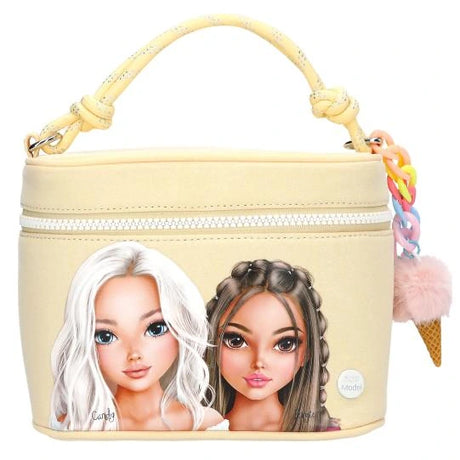TOPModel Cosmetic Case CANDY GLAM front view with yellow finish, cord handle and character print