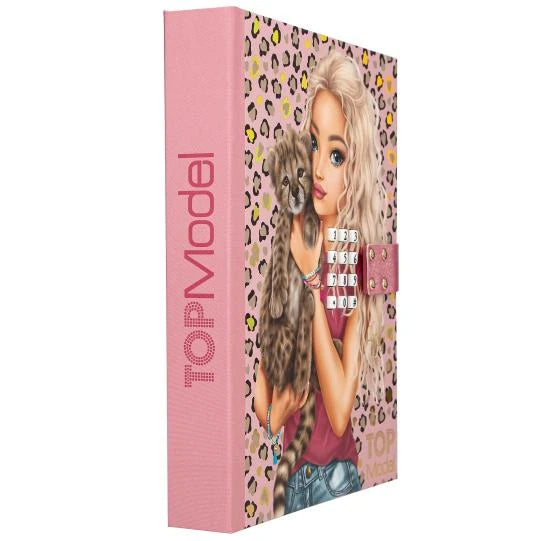 TOPModel Diary With Code And Sound LEOHEART angled view showing pink spine, keypad lock and front cover artwork