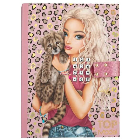 TOPModel Diary With Code And Sound LEOHEART front cover with leopard print background, keypad lock and cub artwork