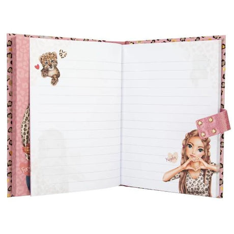 TOPModel Diary With Code And Sound LEOHEART open lined pages with illustrated character details and pink strap closure