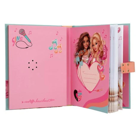 Open TOPModel Diary With Code And Sound MUSIC showing pink inside cover, speaker holes and printed diary page