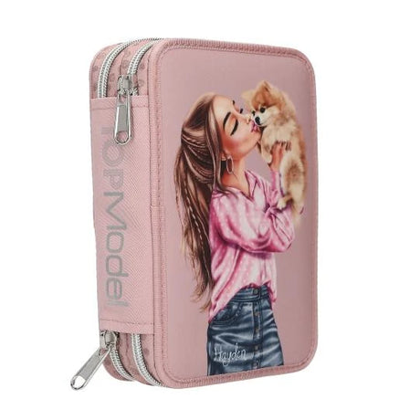 TOPModel Double Pencil Case DOTS angled side view with double zip compartments