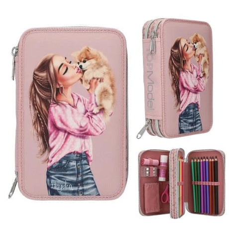 TOPModel Double Pencil Case DOTS showing front view, side view and open pencil case inset