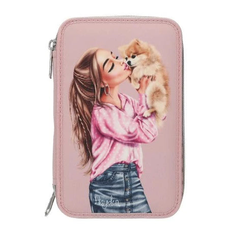 TOPModel Double Pencil Case DOTS front view with girl and dog artwork