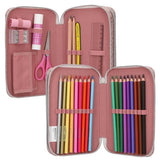 Open TOPModel Double Pencil Case DOTS with glue stick, scissors, pencils and colouring pencils
