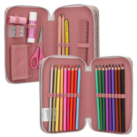 Open TOPModel Double Pencil Case DOTS with glue stick, scissors, pencils and colouring pencils