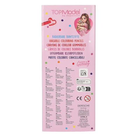 Back of TOPModel Erasable Colouring Pencils packaging with product information and safety markings