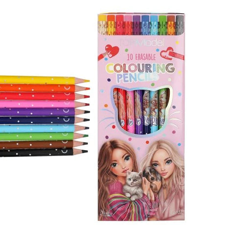 TOPModel Erasable Colouring Pencils shown with ten coloured pencils beside the front packaging
