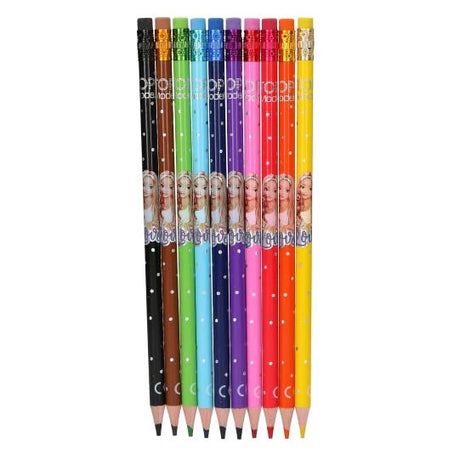 Ten TOPModel erasable colouring pencils shown in a colour lineup