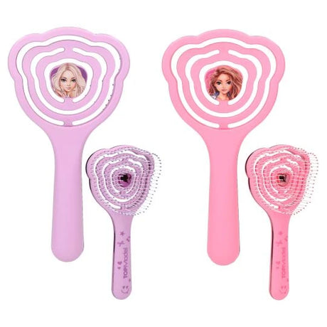 TOPModel Hair Brush showing lilac and pink versions from front and bristle sides