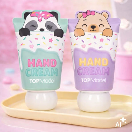 TOPModel Hand Cream CANDY GLAM panda and teddy tubes standing together on a tray