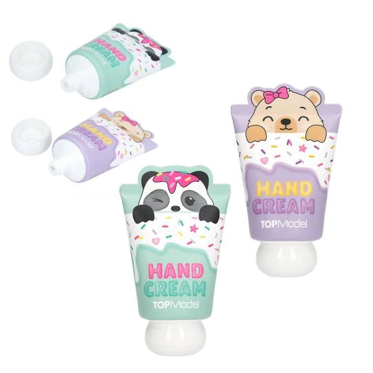TOPModel Hand Cream CANDY GLAM showing panda and teddy tubes with caps removed and angled views
