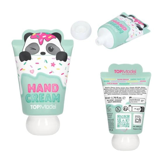 TOPModel Hand Cream CANDY GLAM panda tube with open cap, angled top view and back label
