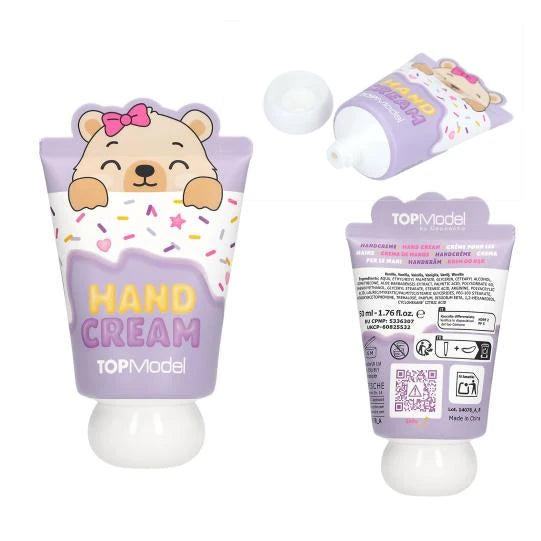 TOPModel Hand Cream CANDY GLAM teddy tube with open cap, angled top view and back label