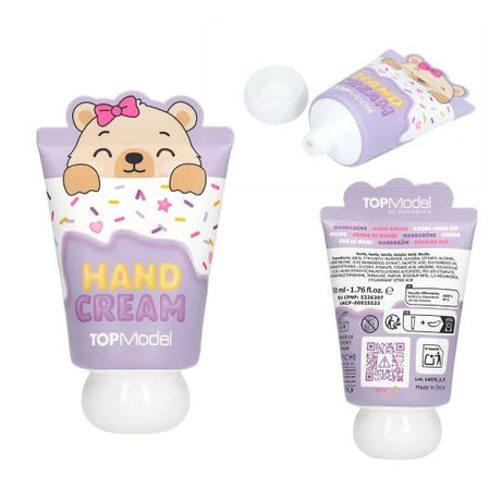 TOPModel Hand Cream CANDY GLAM teddy tube with open cap, angled top view and back label