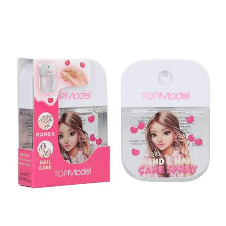 TOPModel Hand & Nail Care Spray CANDY GLAM boxed product beside front view spray bottle