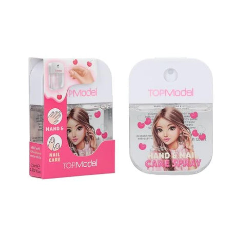TOPModel Hand & Nail Care Spray CANDY GLAM with retail box beside cherry print spray bottle