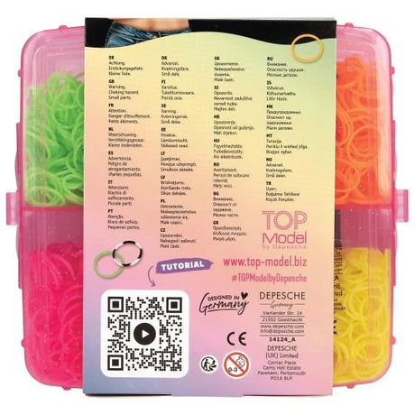 Back of TOPModel Loom Band Set box with product labels and colourful loom bands visible inside