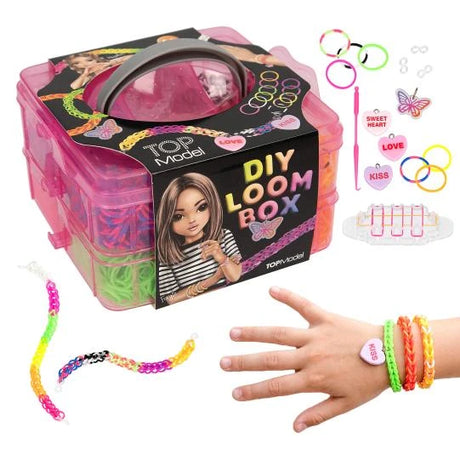 TOPModel Loom Band Set box shown with loose bands, charms, tools, finished bracelets and bracelets on a wrist