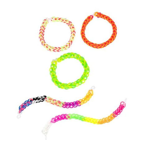 Finished TOPModel loom band bracelets and colourful band strands on white background