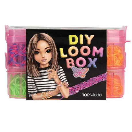 TOPModel Loom Band Set front of box with colourful loom bands visible inside