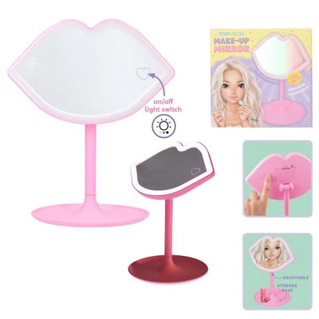 TOPModel Make-up Mirror CANDY GLAM lip shaped pink mirror with product box and feature close ups