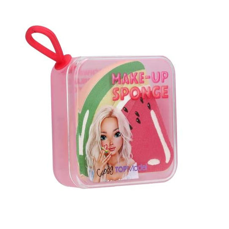 TOPModel Make Up Sponge CANDY GLAM angled view in pink clear storage box with red loop