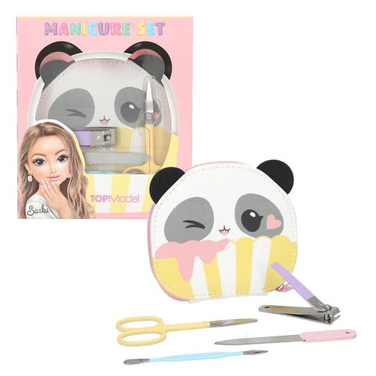TOPModel Manicure Set CANDY GLAM with panda pouch, gift box and manicure tools laid out