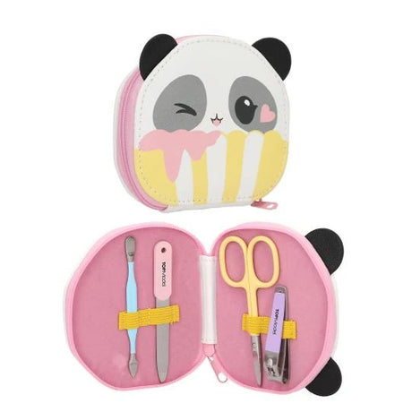 TOPModel Manicure Set CANDY GLAM open panda pouch showing nail file, scissors, cuticle tool and clippers