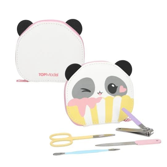 TOPModel Manicure Set CANDY GLAM showing front and back of panda pouch with manicure tools displayed