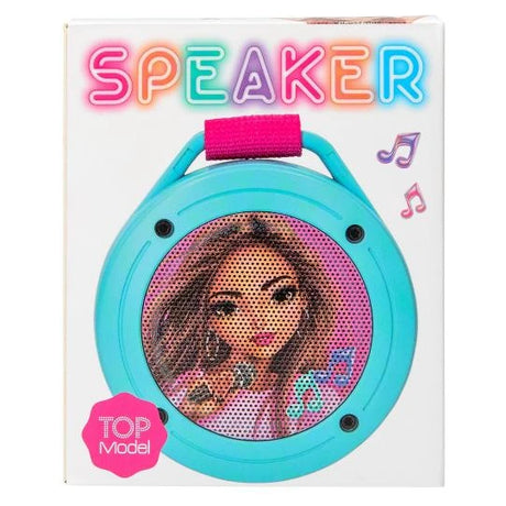 TOPModel mini speaker in front of the product box close up