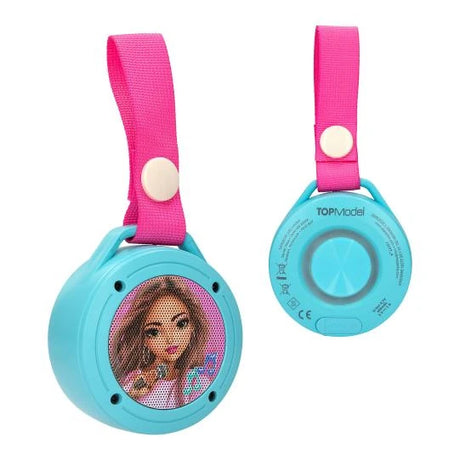 TOPModel mini speaker showing the front portrait design and the back with pink strap