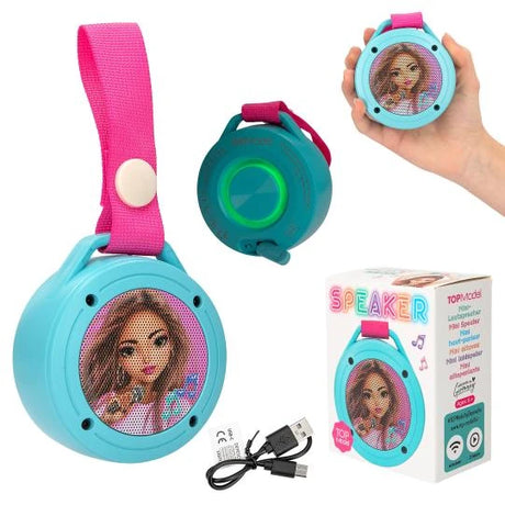 TOPModel mini speaker shown from the front and back with a hand holding the speaker, product box and USB cable