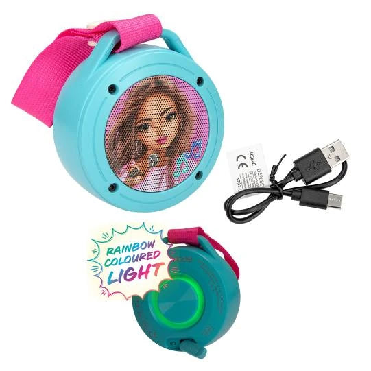 TOPModel mini speaker front view with USB cable and rainbow coloured light illustration
