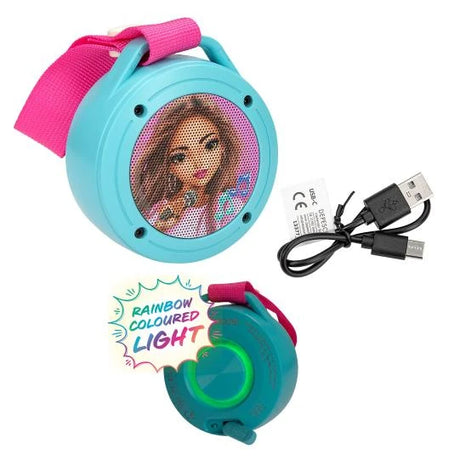 TOPModel mini speaker front view with USB cable and rainbow coloured light illustration