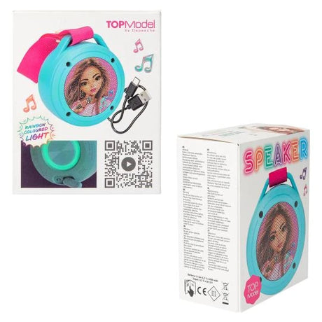 TOPModel mini speaker leaflet with QR code and product box back and front views