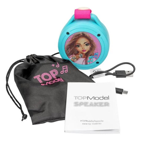 TOPModel mini speaker with drawstring bag, USB cable and instruction booklet