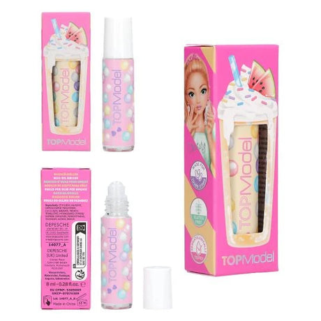 TOPModel Nail Oil Roller CANDY GLAM pink design with gift box, bottle, open roller top and back label
