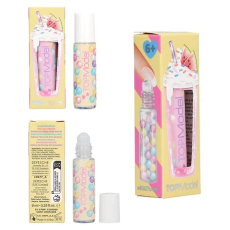 TOPModel Nail Oil Roller CANDY GLAM yellow design with gift box, bottle, open roller top and back label