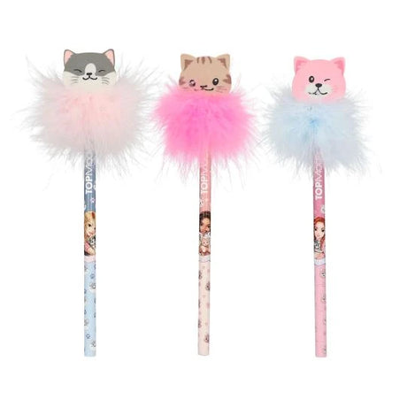 TOPModel CAT LOVE pencil range showing grey, brown and pink cat eraser toppers with coordinating feather decorations
