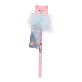 Pink TOPModel CAT LOVE pencil with light blue fluffy feather decoration, pink cat eraser topper and product tag