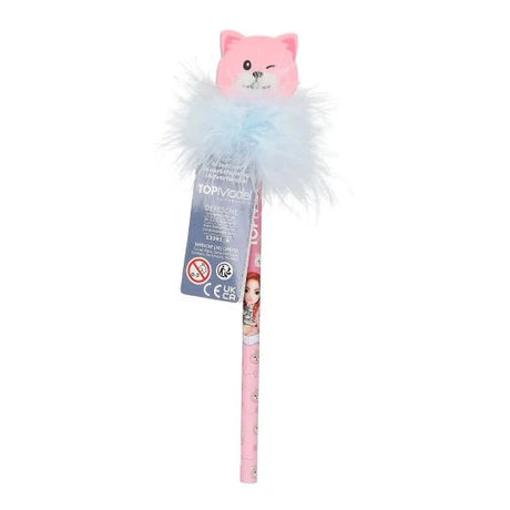 Pink TOPModel CAT LOVE pencil with light blue fluffy feather decoration, pink cat eraser topper and product tag